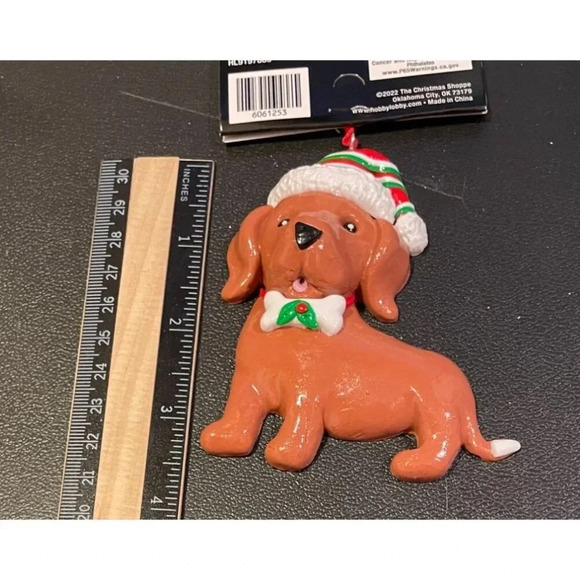 Dachshund Brown Dog Puppy Christmas Holiday Ornament Santa Hat Bow NEW Clay‎ - Picture 3 of 3